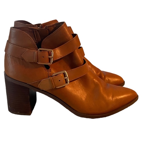 FRANCO SARTO CAMEL LEATHER ANKLE BOOTS WITH STRAPS WOMENS SIZE 10 STACKED HEEL - Picture 7 of 15